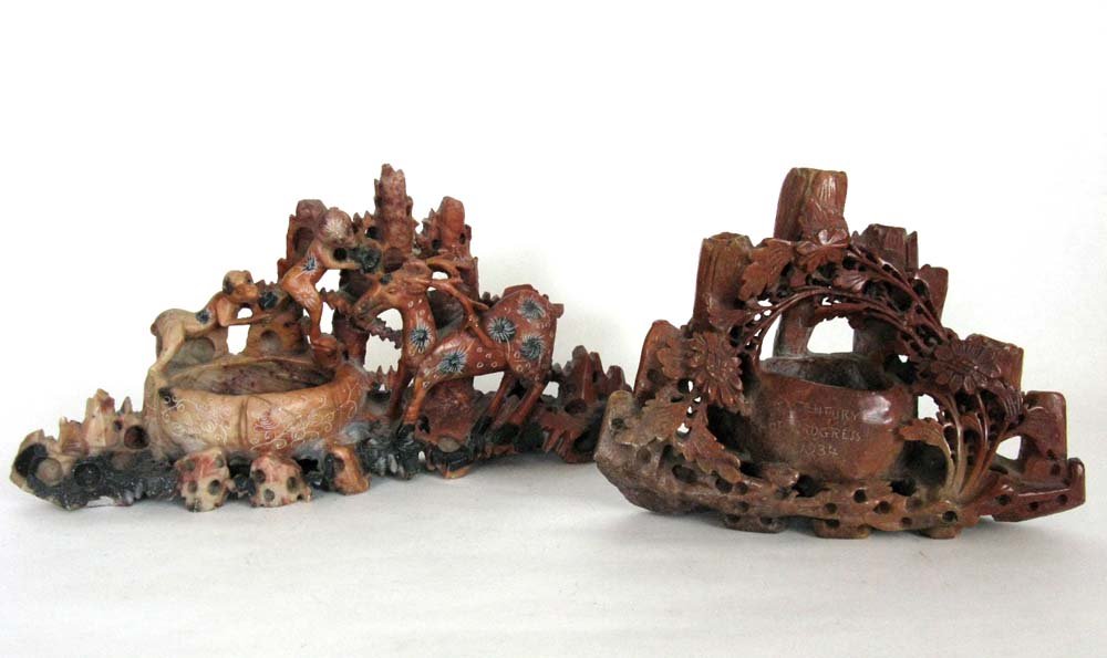 2 CHINESE STONE CARVINGS: 1934 WORLDS FAIR & KYLIN: Two Chinese soapstone carvings. 1.) A carved soapstone souvenir of the 1934 Chicago World's Fair. Carving depicts blooms and mountains etched on face, "A Century of Progress 1934", 4.25"h x 6.25"l. 2.