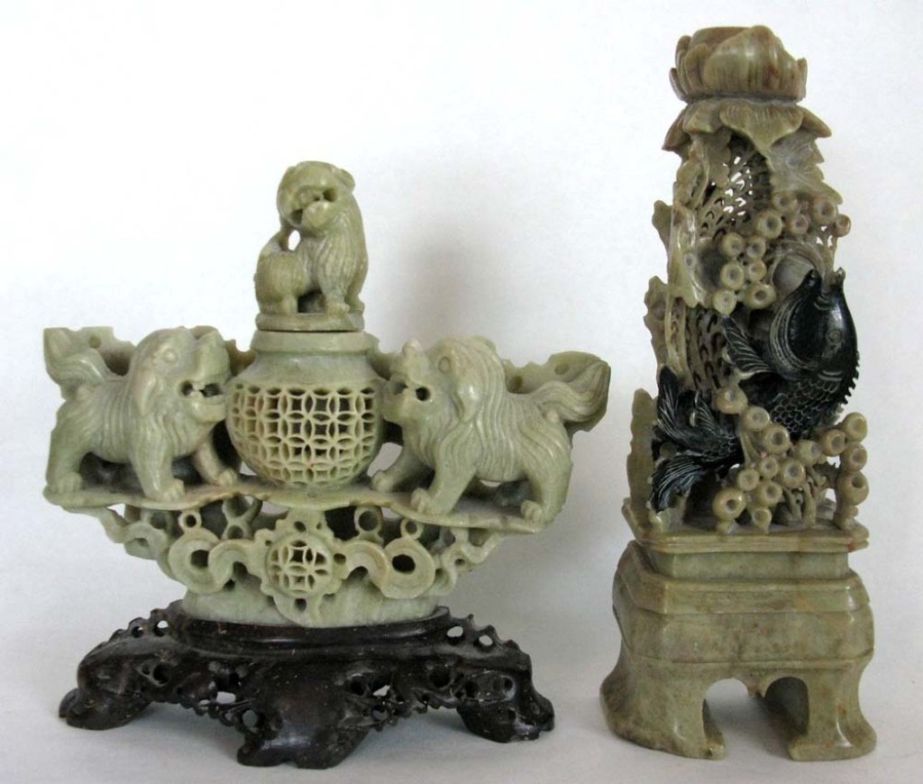 2 CHINESE CARVED SOAPSTONE ITEMS: VASE & CENSER: Two Chinese carved soapstone objects, both 19th - 20th century. 1.) Incense burner with reticulated carving and carved lions, 6"h x 6.5"l. 2.) Intricately carved candle stand with a painted carp blowi
