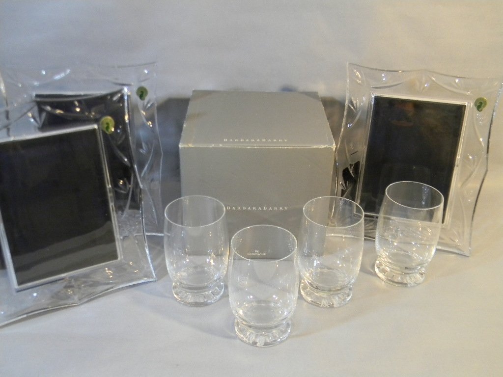 WATERFORD & WEDGWOOD CRYSTAL: Frames & Glasses: Wedgwood and Waterford Crystal Collection. To include: Four Waterford crystal frames, 10.5"h x 8.5"w. Wedgwood crystal designed by Barbara Barry, four footed tumblers, 5"h.