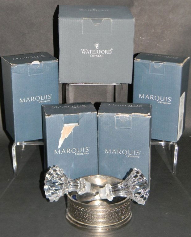 8 WATERFORD MARQUIS WINE STOPPERS & COASTER: Waterford Marquis crystal wine stoppers, four sets of two in the Brookside pattern with faceted sides, with label and etched makers mark to the side, 5.5"h (13.97cm), Each pair, new and in the origina