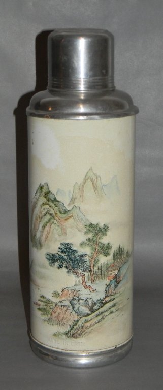CHINESE VINTAGE LANDSCAPE PAINTING c. 1930: A vintage, well painted Chinese landscape painting from the Republic showing sail boats on a lake surrounded by a landscape with a cabin and mountains. Unusually, hand-painted on a large, vintage, Chi