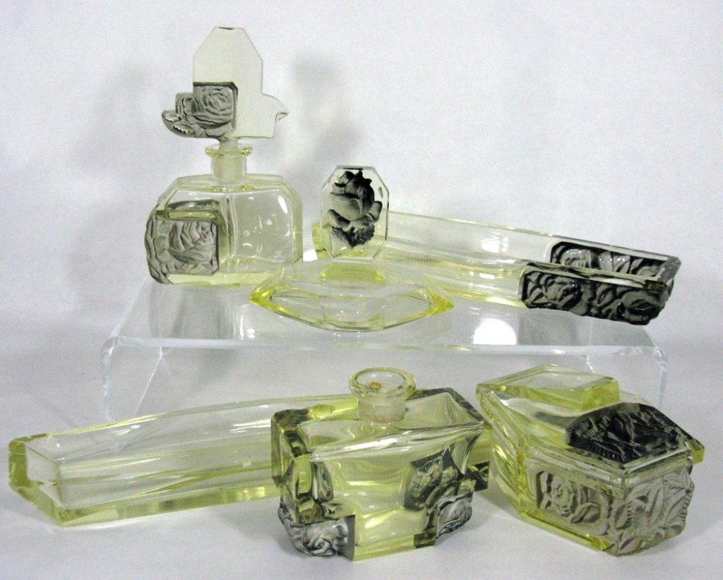 8 PC. ART DECO URANINUM GLASS PARTIAL DRESSER SET (1 of 6)