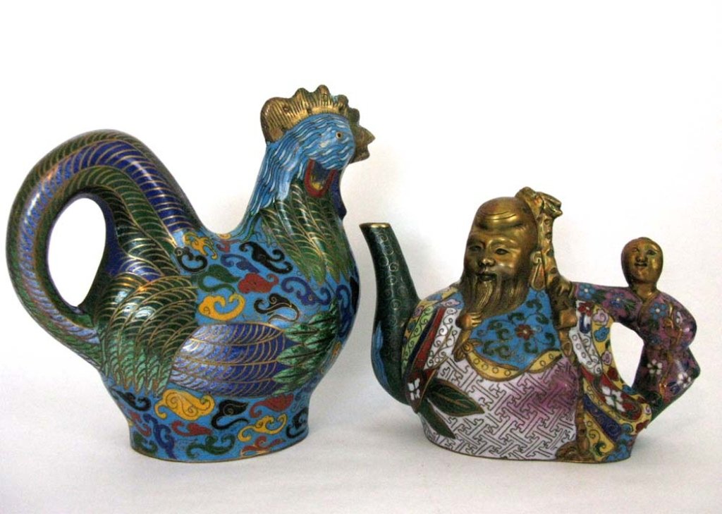 2 CHINESE CLOISONNE TEAPOTS: Rooster & Buddha (1 of 4)