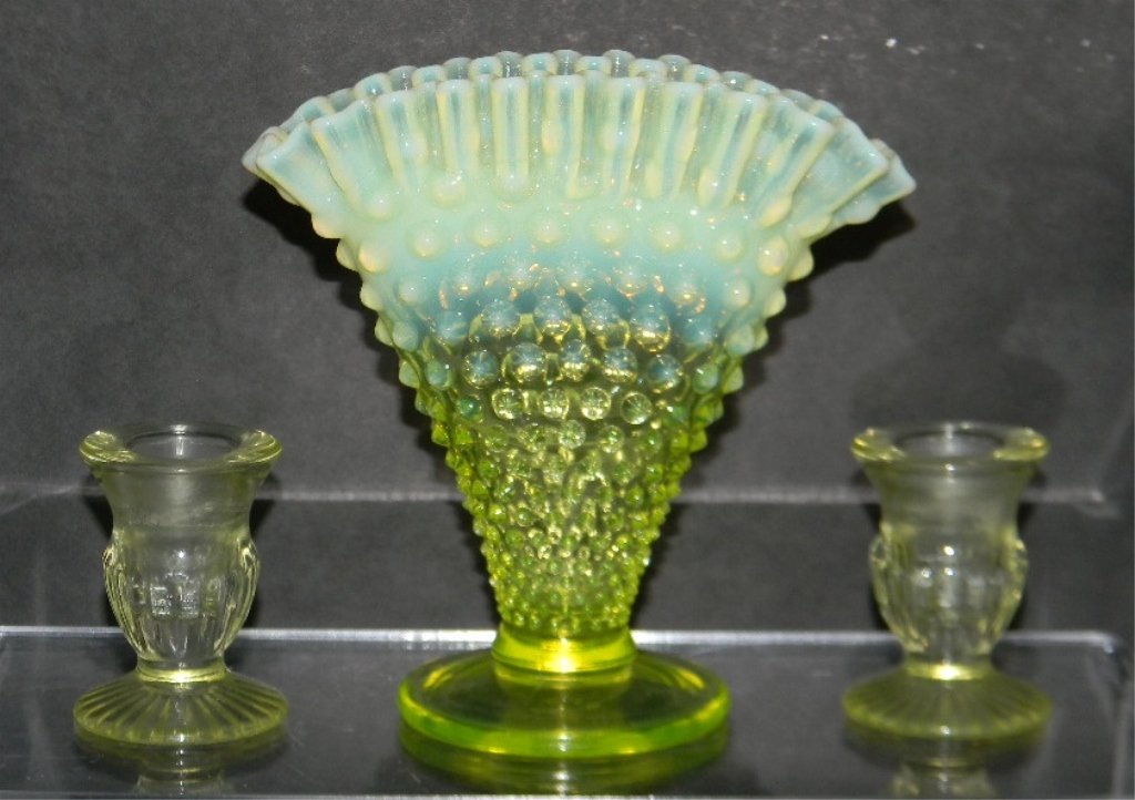 3 PIECES VASELINE GLASS: Fan Vase & Candle Sticks (1 of 3)