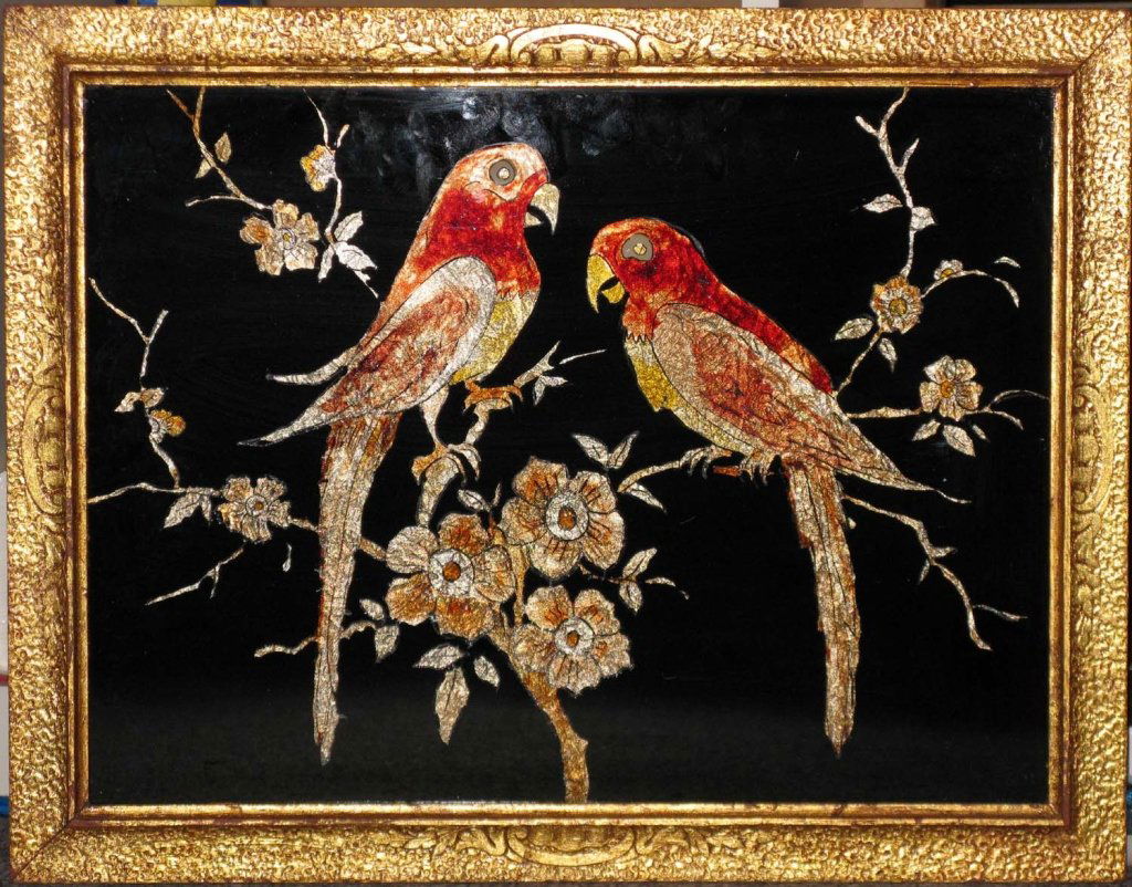 ANTIQUE REVERSE PAINTED PARROTS PICTURE (1 of 1)