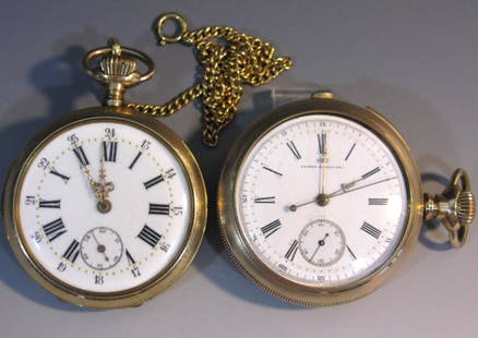 TWO QUATRTER REPEATER & CHRONO POCKET WATCHES: A pair of pocket watches, one a Quarter Repeater and one a Repeater Chronograph. 1.) Swiss Quarter Repeater, Open Face, Pocket Watch with a Gold Plated Case. Dial: Black Roman and Arabic numerals and