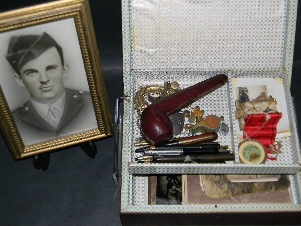 WOODMEN & MASONIC BADGES, PENS, PHOTOGRAPHS: An antique marquetry wood box with tray filled with a Discover lot of family antiques and collectibles, some of the contents include: 12 Fountain and Mechanical Pens & Pencils, various makers (Waterma
