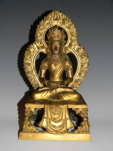 18TH CENTURY GILT BRONZE AMITAYUS BUDDHA: Chinese 18th Century Gilt and Polychrome Bronze Figure of Amitayus (Buddha of Infinite Life), Shown seated on a rectangular plinth with flaming aureole behind. Buddha seated in lotus with downcast