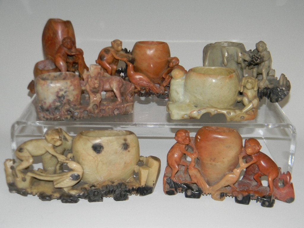 7 CHINESE CARVED SOAPSONE VASES WITH MONKEYS: Collection of seven Chinese carved soapstone vases (a.k.a toothpick & matchstick holders) with monkeys and some also with birds, all circa 1895 - 1900. Largest: 2.75"h x 6"l. Smallest: 1.75"h x 4"l. R