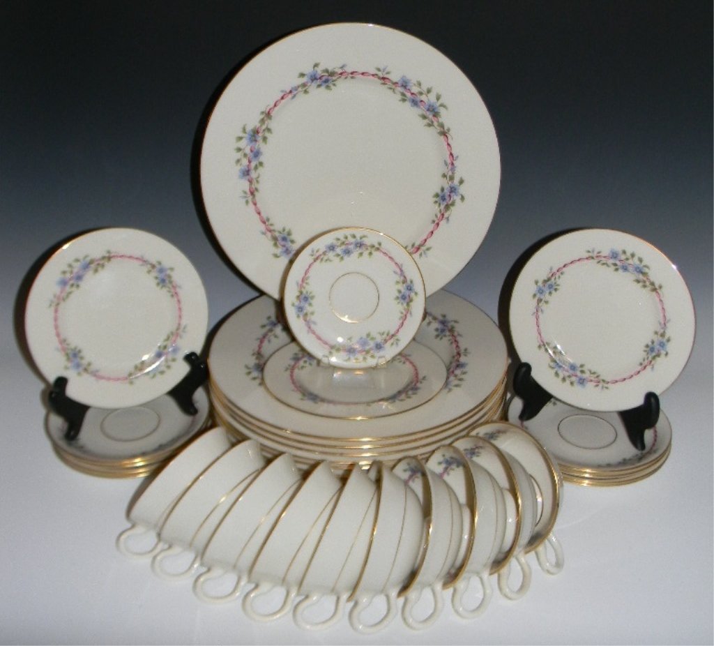 34PC LENOX PORCELAIN BELVIDERE DINNER SERVICE: A 34 piece Lenox porcelain partial dinner service. To include: 12 @ Dinner plates, 10.5"d. 10 @ Tea/Coffee Cups, 1.125"h. 8 Saucers, 5.5"d. 3 @ Bread & Butter Plates, 6.25"d. 1 @ Small Saucer 4.5"d.
