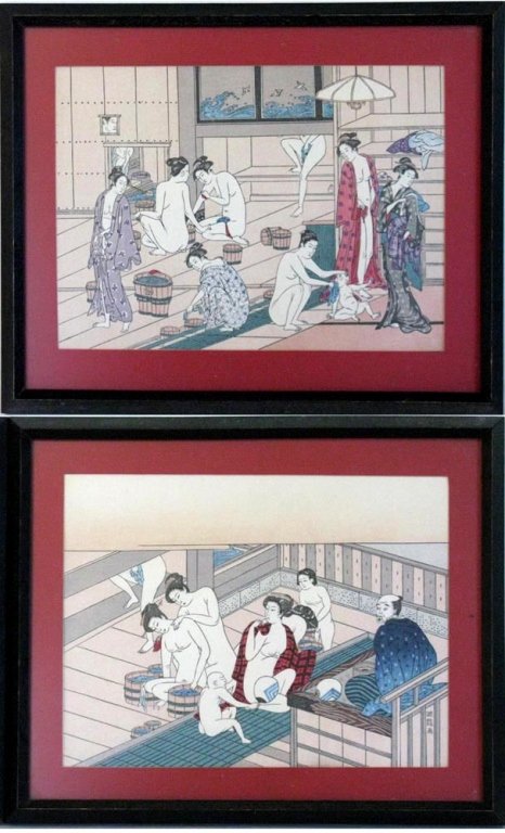 PAIR SIGNED JAPANESE WOODBLOCK BATH HOUSE PRINTS: To Japanese woodblock prints on paper by Torii Kiyonaga and Isoda Koryusai depicting women at the public bath house, bathing themselves, children, dressing and undressing; note the peeping tom looking