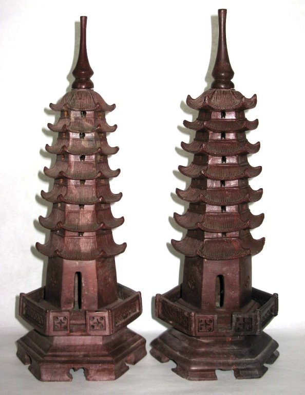 PAIR OF CHINESE RED SOAPSTONE PAGODAS: A pair of Chinese red soapstone pagodas, each with removable finials, 12.5"h (31.75 cm). PROVENANCE: From an established collection created over fifty years ago by a dedicated collector of Asian arts 