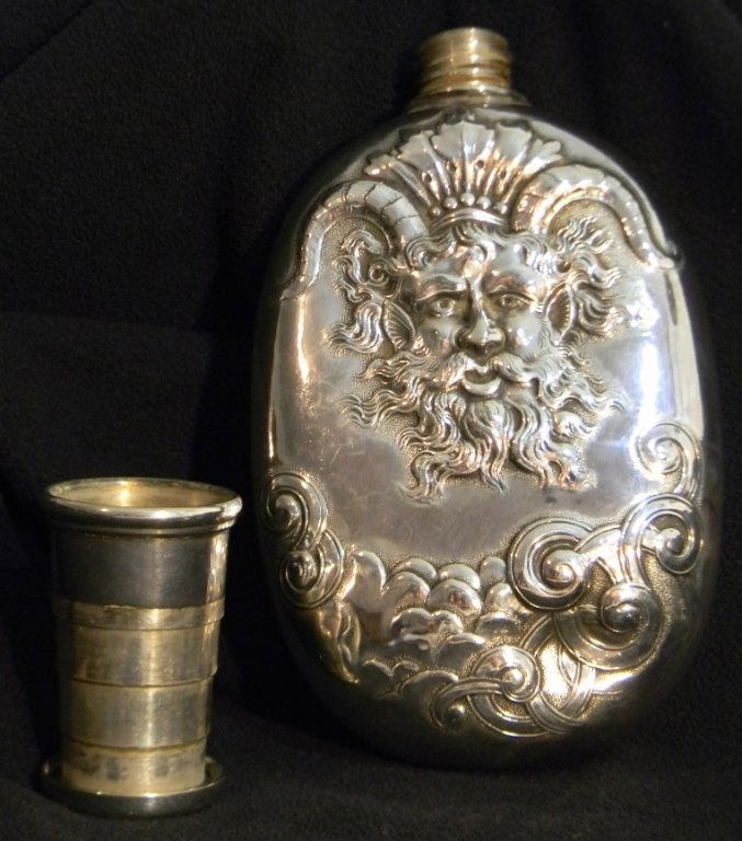 ANTIQUE SILVER PLATED FLASK W/ BACCHANALIAN MASK 1900 (1 of 10)