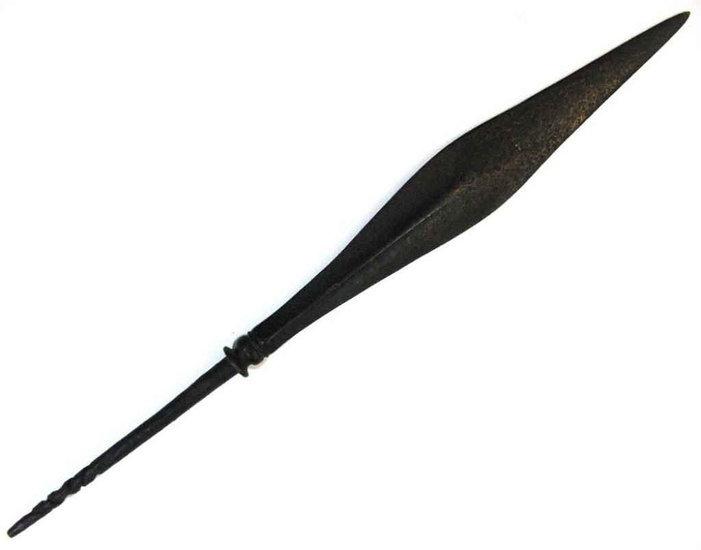 INDONESIAN SPEAR POINT FROM FAHNESTOCK EXPEDITION: Java, Indonesia spear point collected on the Fahnestock Expedition; Damascus steel blade with double twisted shaft, 15.25"l (38.73 cm). PROVENANCE: Inherited by a direct descendant of Sheridan Fahnest