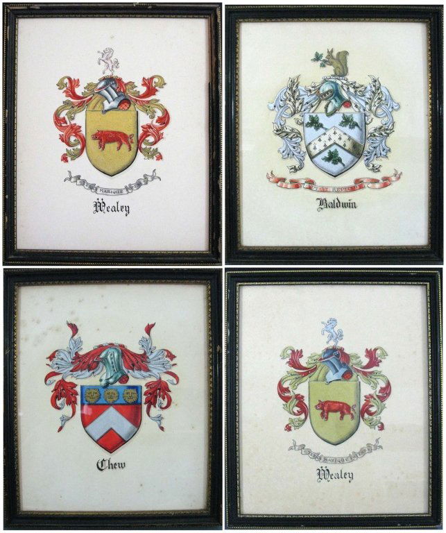 4 ANTIQUE COAT OF ARMS HERALDIC SYMBOLS: A set of four antique, hand painted images of heraldic coats of arms depicting, "Baldwin, Chew (2) and Mealey. Each rendered in a highly detailed and precise fashion and initialed H.L.S. Each bears th