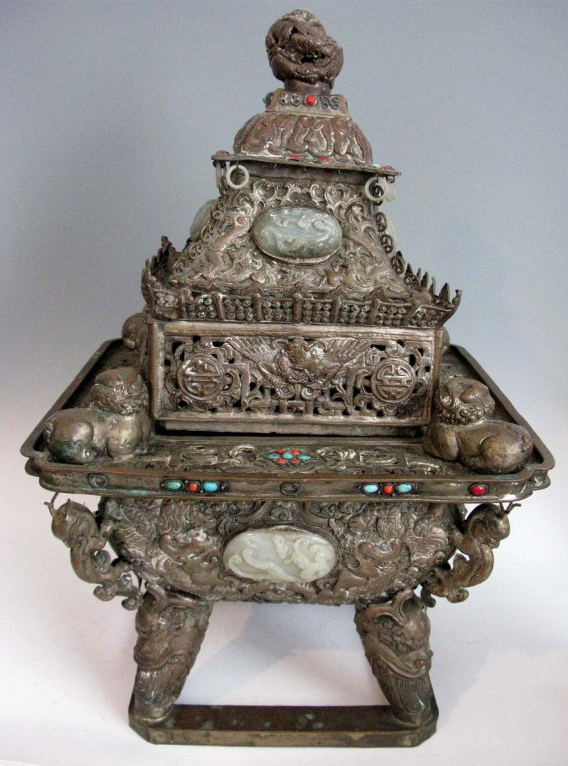LARGE CHINESE BRONZE CENSER w. JADE & CORAL (1 of 10)