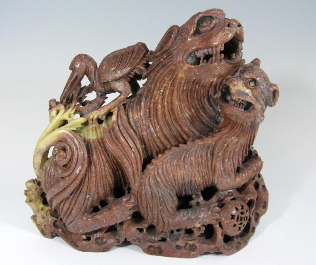 CHINESE RED SOAPSTONE CARVING OF FOO DOGS C. 1890 (1 of 6)