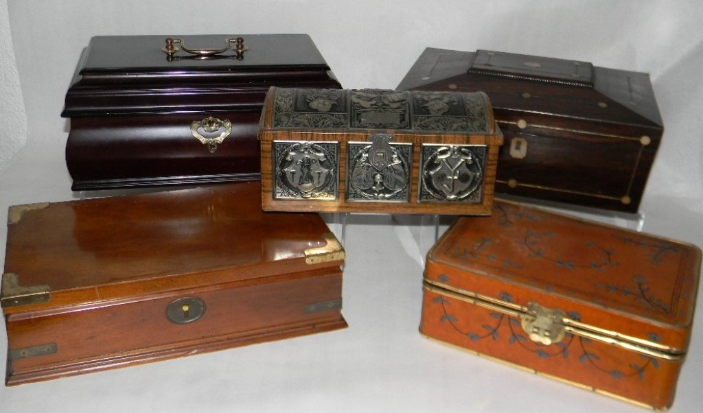 5 @ ANTIQUE & VINTAGE BOXES: Jewelry, Document, Travel: Collection of five Antique and Vintage boxes. To include: Rosewood travel box with Mother of Pearl inlay, insert and lids lined in pink silk with silver cord, 5"h 11.5"l x 9"d. 2.) Leather wrapped and