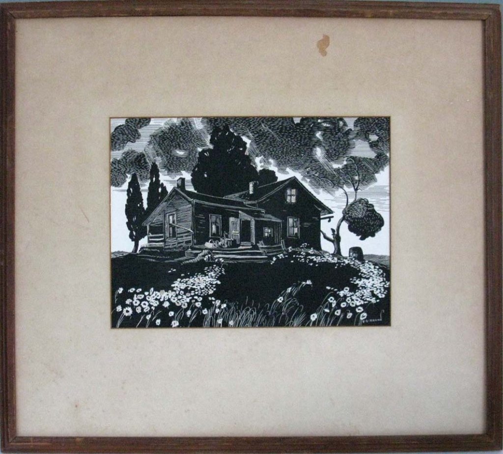 SIGNED WPA STYLE SCRATCHBOARD PICTURE: WPA style scratchboard picture depicting a wood cabin surrounded by a light rain and with blooming flowers in the foreground, signed O. L. Brown, Sight Size: 8.25"h x 11"w. Framed: 18"h x 20.25"w. PRO