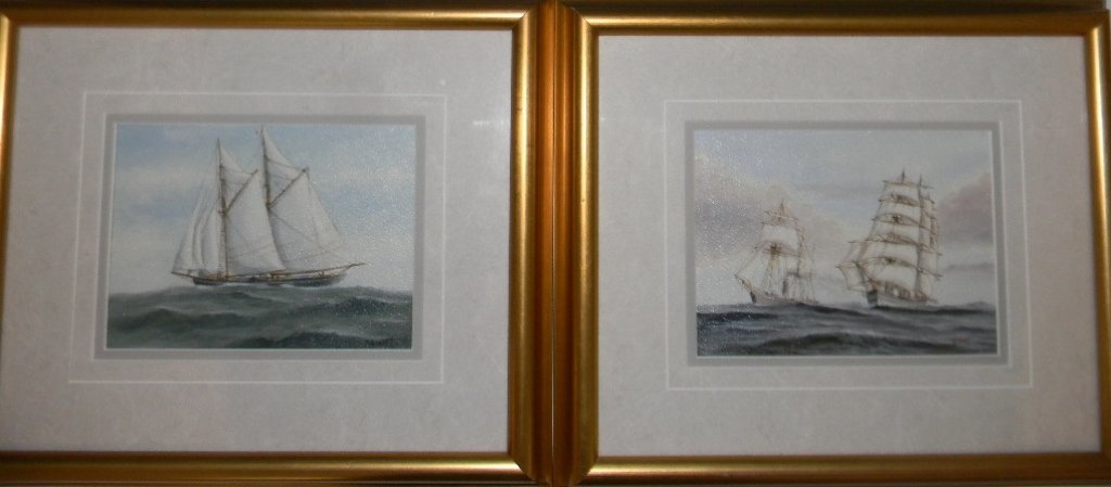 PAIR PAUL GARNETT OIL ON CANVAS MARINE PAINTINGS: A pair of oil on canvas paintings by marine artist, Paul Garnett (20/21st c., America) each depicting schooner ships in the ocean with sails unfurled, signed on the face L.L. Site size: 5.625"h x 7.5"