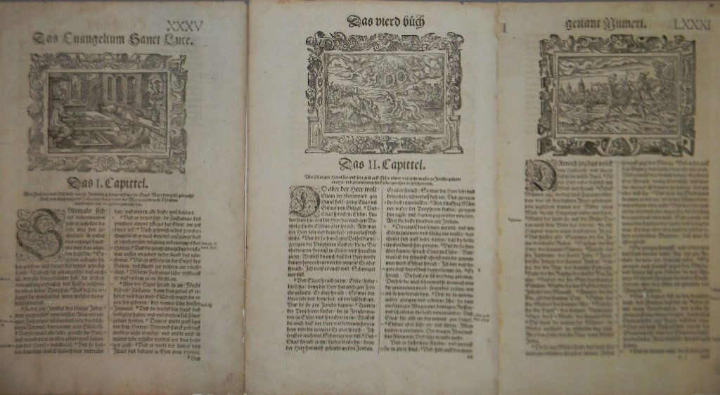 16TH C. BIBLICAL WOODCUTS: Virgil Solis & Others: Possibly from the 1536 Zurich Bible. A collection of three 16th century, German Bible leaves on laid paper, each leaf double sided and with a total of four woodcut images depicting scenes from the Old