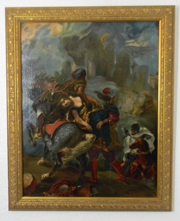 AFTER EUGENE DELACROIX OIL ON CANVAS PAINTING: Signed oil on canvas painting after French artist, Eugene Delacroix's Salon painting "The Abduction of Rebecca", signed Murray Scott on the face of the canvas: 28.25"h x 22"w, Framed 32.25"h x 26"w. T