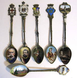 6 @ CONTINENTAL SILVER & ENAMEL SOUVENIR SPOONS: 6 @ .800 and .900 Silver Souvenir Spoons of Demitasse Size, each with Elaborate Enamel Decoration, depicting France, Monaco, Russia and the Cezh Republic; each average 4.75"l 1.) Monte Carlo depicting