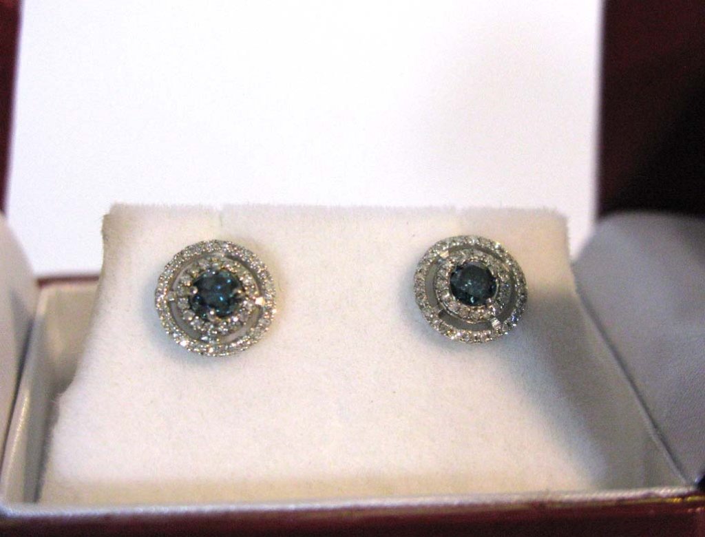 2 PAIRS @ 14K EARRINGS W/ BLUE & CLEAR DIAMONDS (1 of 4)