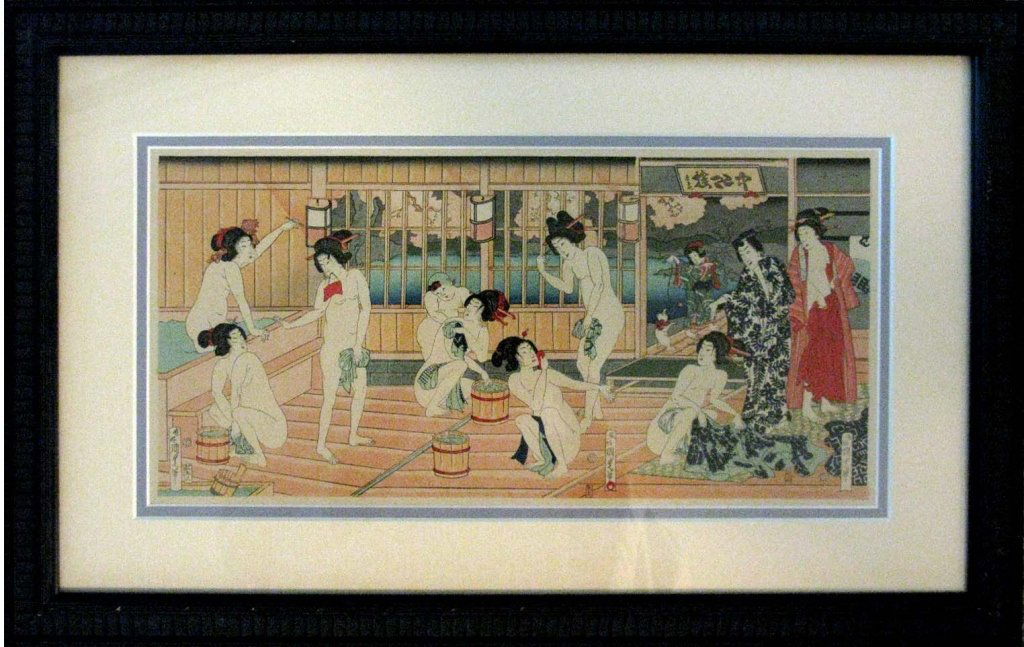 AFTER KUNISADA JAPANESE BATH HOUSE WOODBLOCK PRINT