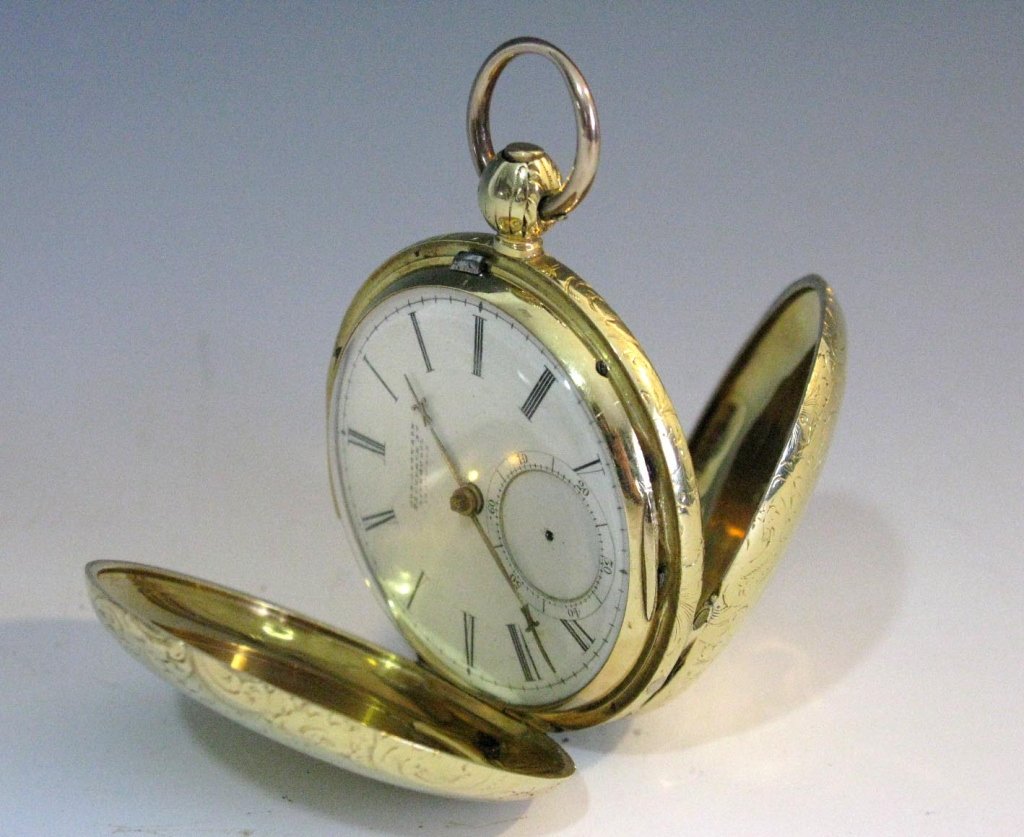 19TH C JOSEPH JOHNSON 14k GOLD POCKET WATCH HUNTER CASE (1 of 8)