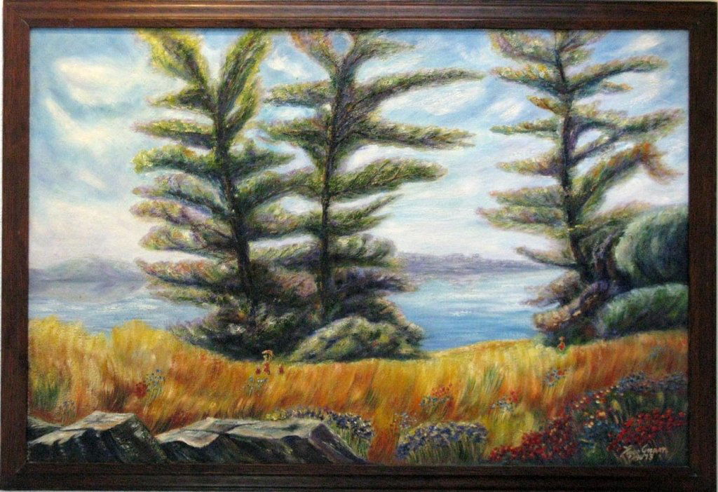 HUGO GNAM OIL PAINTING SUMMER AT THE LAKE: Hugo Gnam (1899 - 1997), painter and Art Deco designer and architect, Oil on board, titled ' Summer at the Lake.' Board: 24"h x 36"w, Framed: 27" x 39". Link to New York Times Article on Gnam 'A Deco