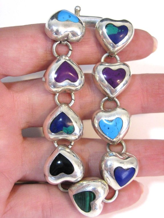 SIGNED TAXCO HEART LINK & GEMSTONE BRACELET (1 of 3)