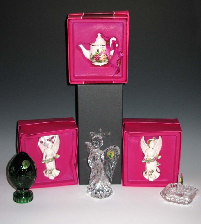 7 @ WATERFORD CRYSTAL & ROYAL ALBERT CERAMICS: 3.) Waterford ring holder. 3.) Waterford green egg, 4"h 4.) Crystal Angel figurine. 5.) 4 @ Royal Albert, Bone China, Old Country Roses Ornaments, two depicting an angel holding a flower garland and a