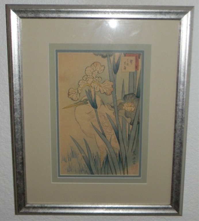 SUGAKUDO JAPANESE WOODBLOCK HERON & IRIS 19TH C. (1 of 7)