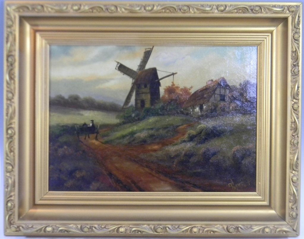 ANTIQUE OIL ON CANVAS DUTCH WINDMILL PAINTING (1 of 7)