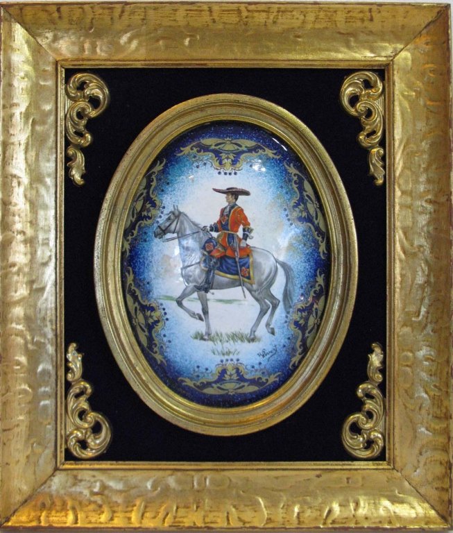 ENAMEL ON COPPER FRENCH MILITARY SOLDIER: Ogee, enamel on copper transfer-printed and hand painted depiction of a French military soldier on horseback enamel signed Revert, image size: 9.5"h x 6.125"w, housed in an oval frame, 10"h x 7.75"w. 