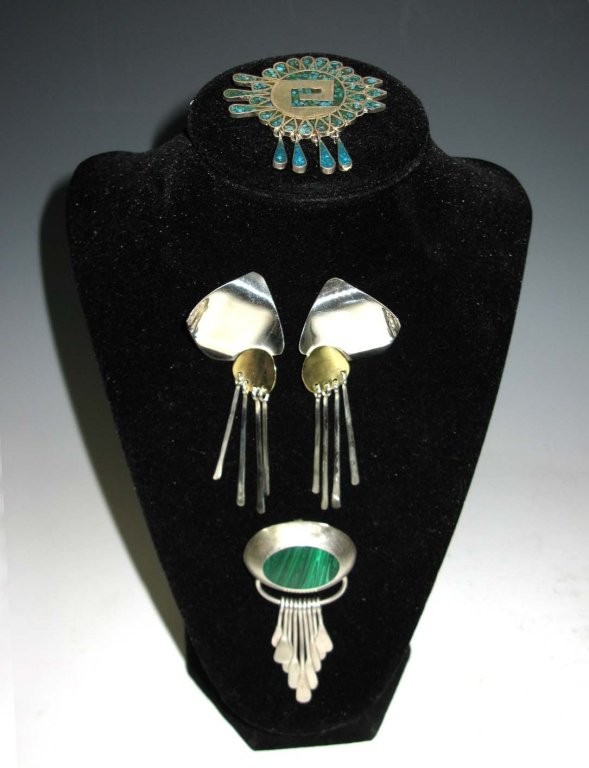 3 PC TAXCO STERLING EARRINGS, BROOCH, PENDANT (1 of 8)