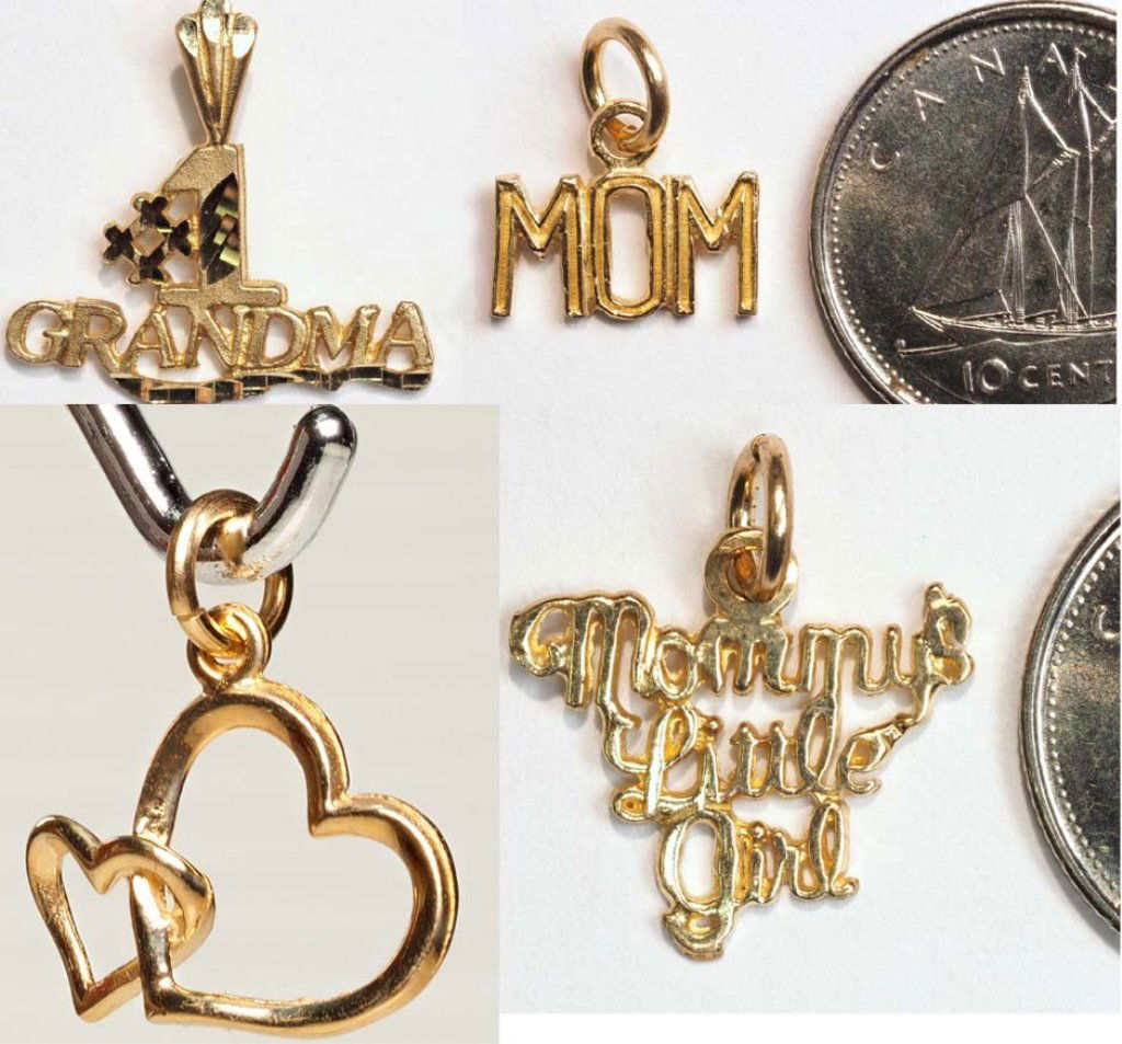 4 10K GOLD CHARM PENDANTS #1 GRANDMA & MOM, HEARTS (1 of 10)