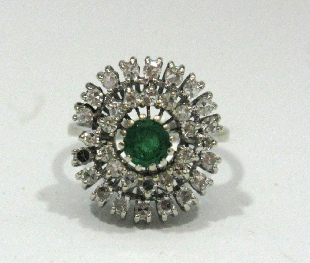 18K WHITE GOLD CLUSTER RING W/ EMERALD & DIAMONDS (1 of 7)
