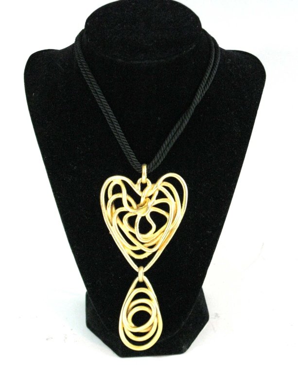 BALENCIAGA PARIS DORE HEART PENDANT & NECKLACE: BALENCIAGA PARIS DORE HEART PENDANT & NECKLACE: Impressively sized gilded metal pendant in the shape of a spiraled heart with additional drop on a black double strand twisted silk necklace with double