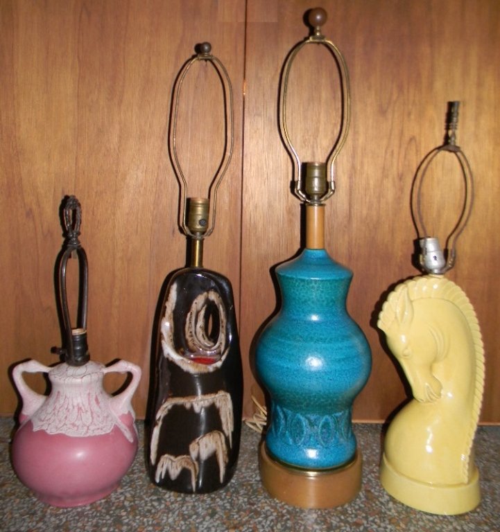 4 @ VINTAGE ART DECO TO MID-CENTURY CERAMIC LAMPS: Collection of four vintage cast ceramic lamps all c. 1925 – 1970. All measurements are from the base to the top of the hardware and do not include harps or finials. 1.) Baluster shaped body with a g