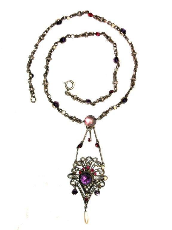 EDWARDIAN NECKLACE & PENDANT W/ AMETHYST & PEARLS: EDWARDIAN NECKLACE AMETHYST PEARLS: 1901 - 1914, Beautifully constructed pendant and necklace folly mounted with amethyst, natural pearls and faux garnets. The filigree pendant with a tall domed ameth