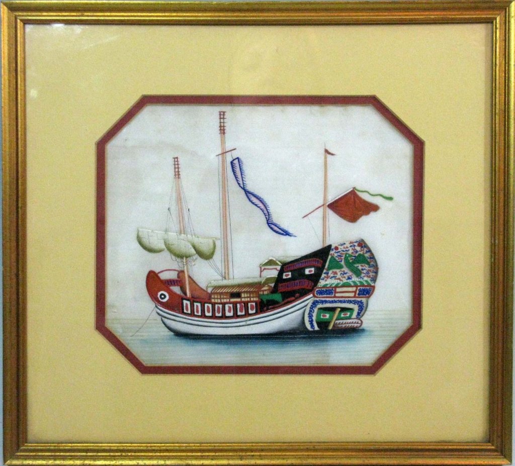 19TH C CHINESE PITH PAINTING JUNK OR SHIP (1 of 7)