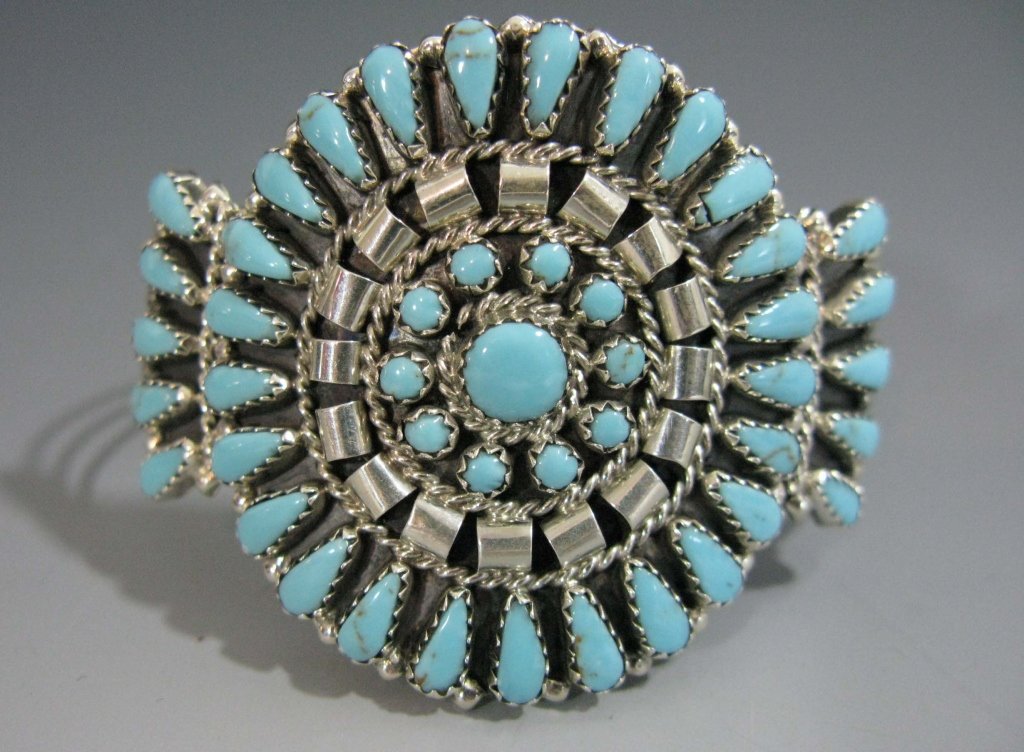 SIGNED ZUNI STERLING & TURQUOISE CUFF BRACELET (1 of 5)