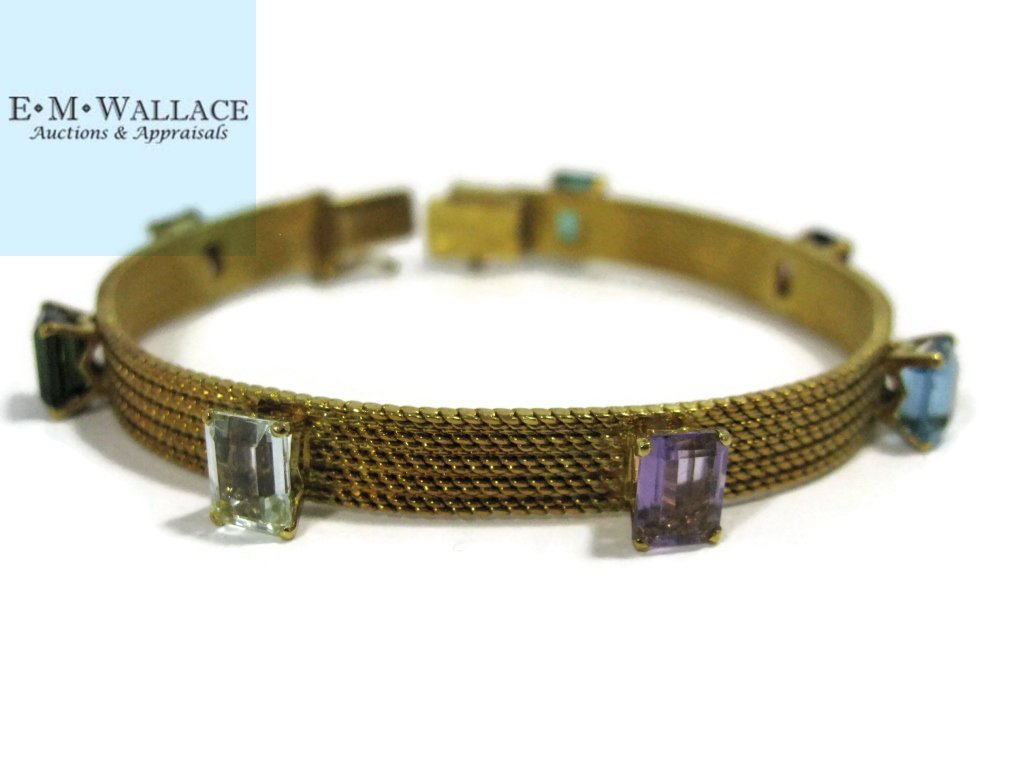 18K GOLD MESH BRACELET WITH GEMSTONES SIGNED (1 of 8)