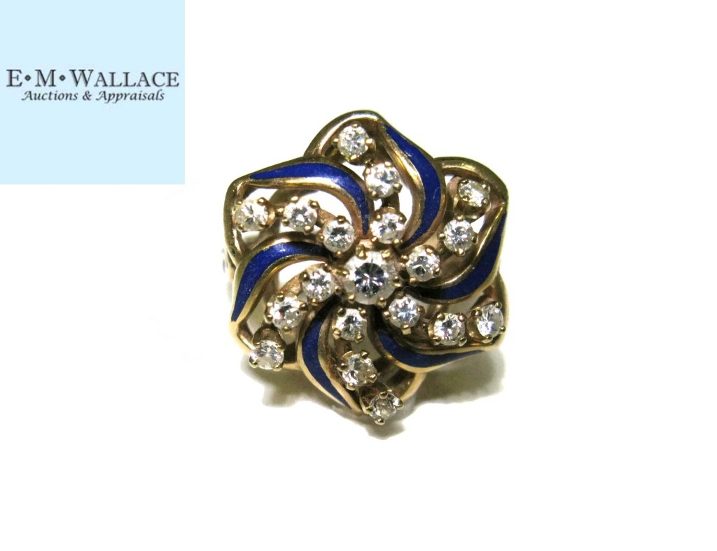 COCKTAIL RING 14K GOLD DIAMONDS & BLUE ENAMEL (1 of 5)