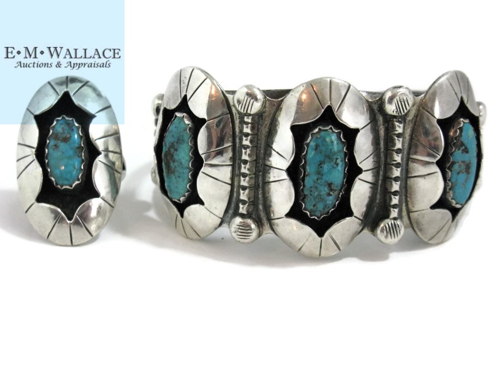 C. 1940 NAVAJO STERLING & TURQUOISE CUFF & RING (1 of 8)