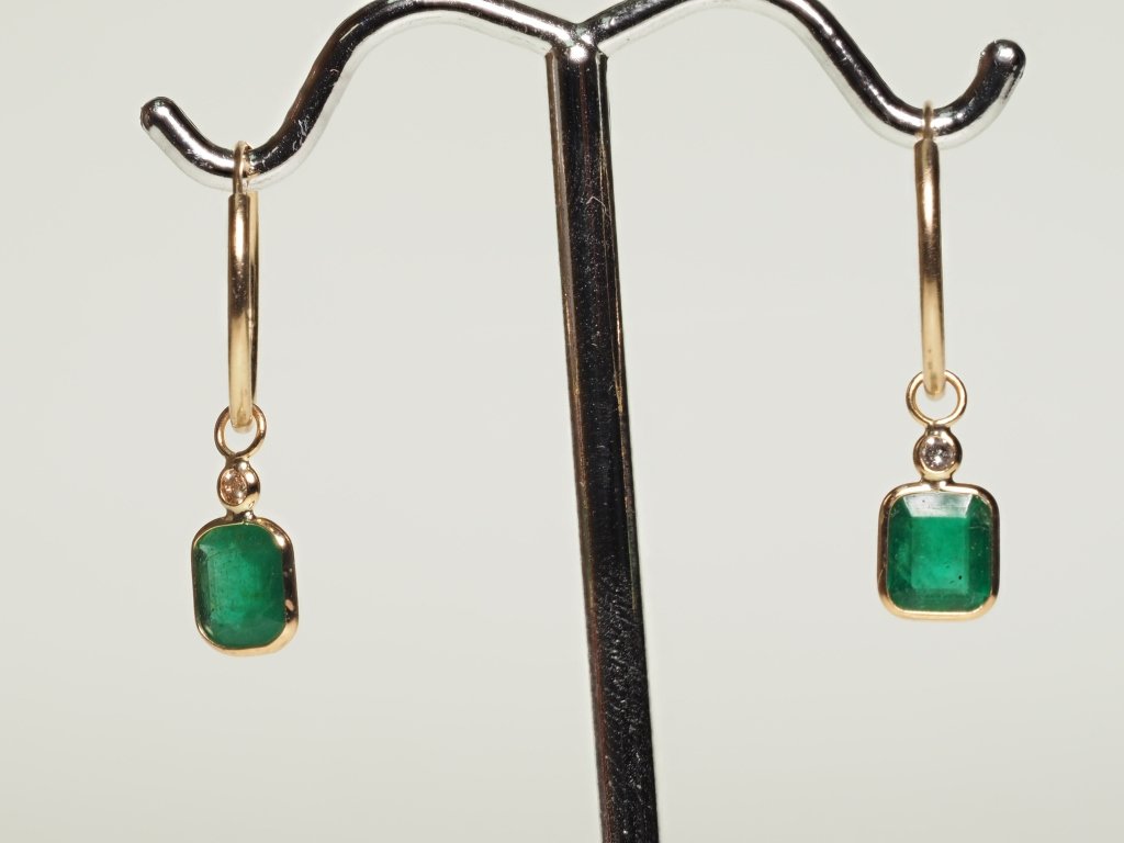 14K YELLOW GOLD HOOP EARRINGS W EMERALDS DIAMONDS (1 of 3)