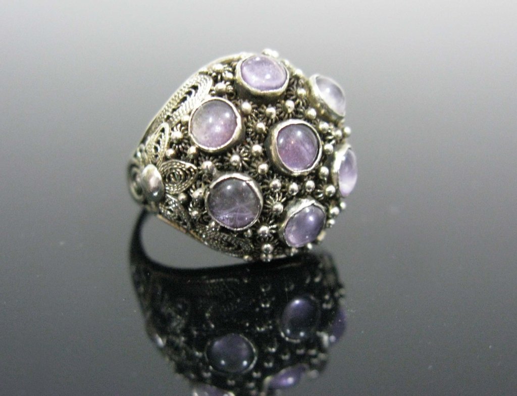 EDWARDIAN SIGNED FILIGREE SILVER RING AMETHYST (1 of 6)
