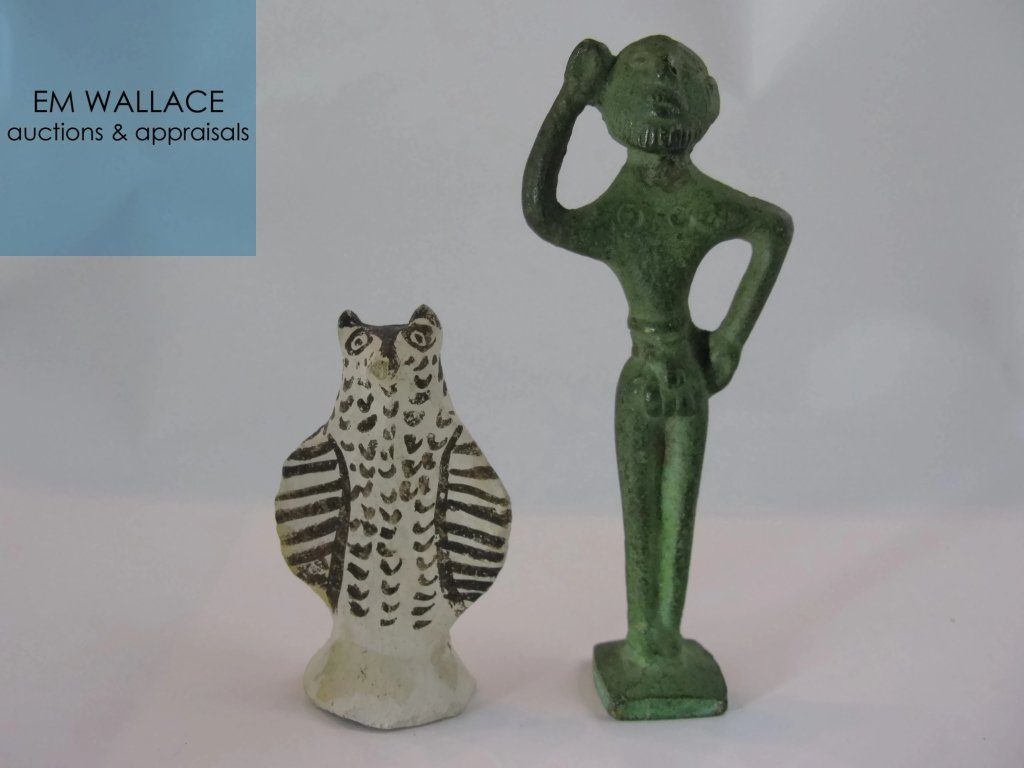 VOTIVES BRONZE FIGURE AND CERAMIC/ FAIENCE OWL: VOTIVES BRONZE FIGURE AND CERAMIC/ FAIENCE OWL: A pair of worship, votary / votive figures. 1.) Bronze worship votary figure, age and origin uncertain, 4.25. 2.) Faience ceramic figure of a bird or ow